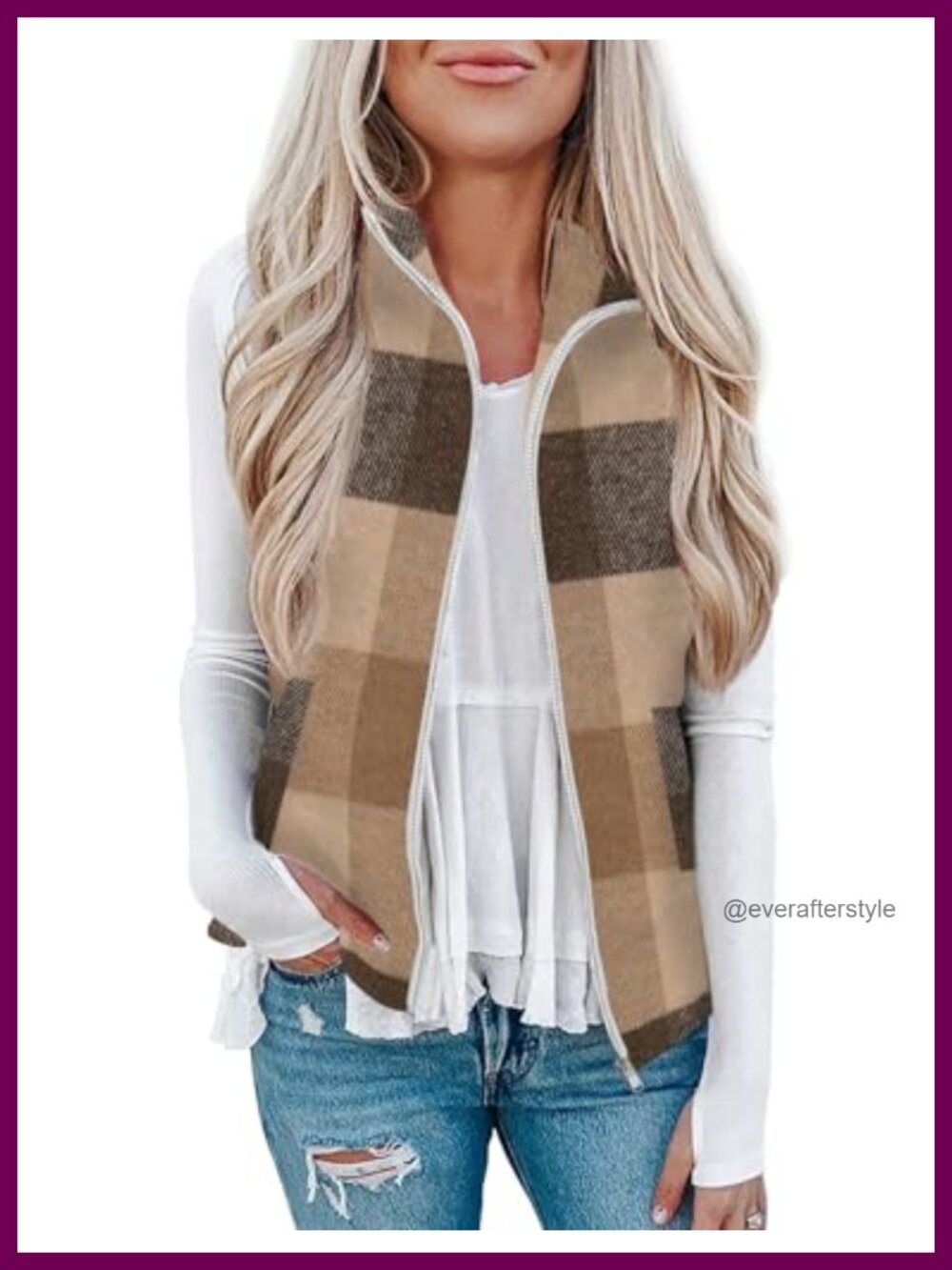 Plaid Zip Up Collared Sleeveless Vest with Pockets